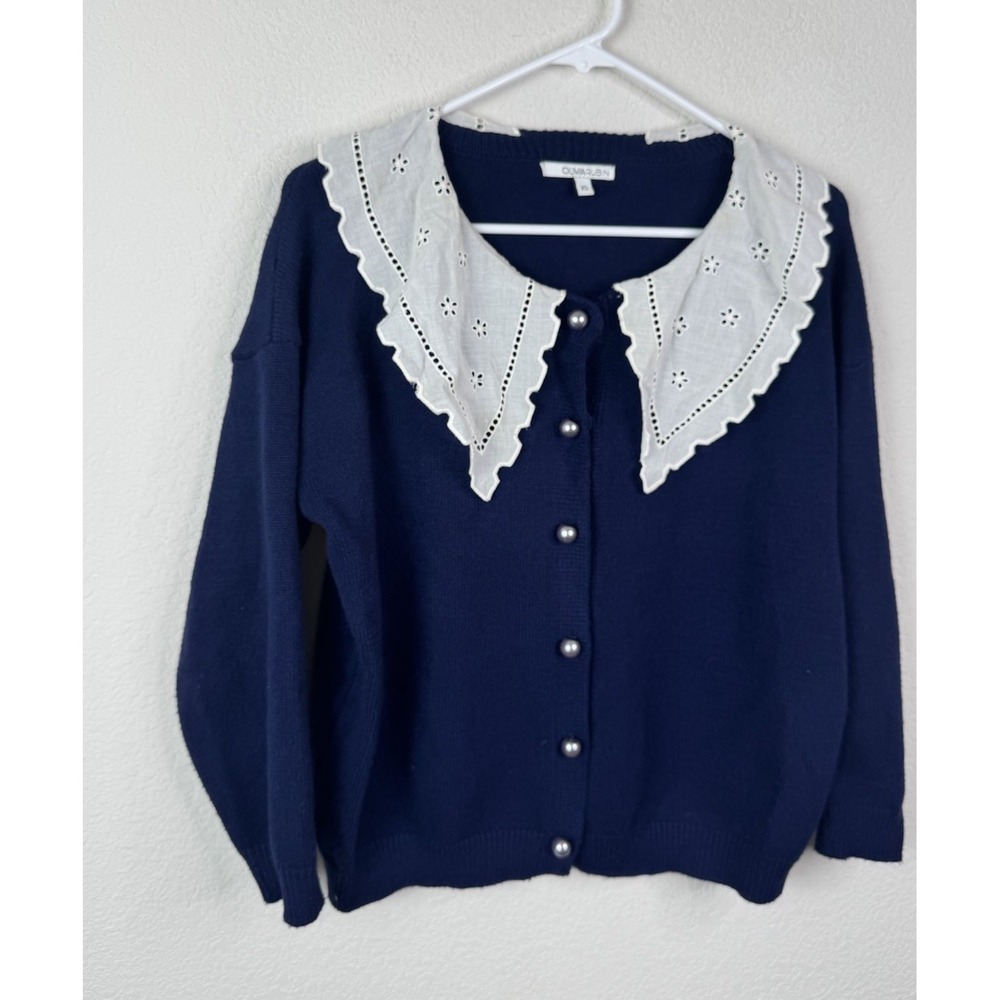 Olivia Rubin Courtney Cardigan XS Blue Peter Pan Collar Pearl Buttons Old‎ Money - Picture 2 of 6